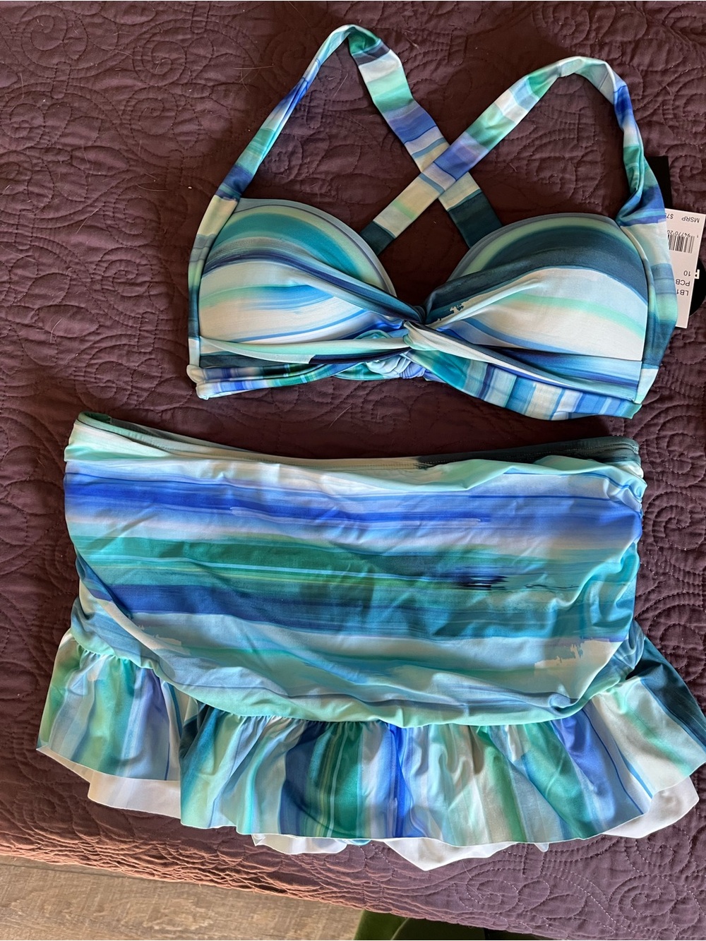 La Blanca Striped Keyhole Bikini Top and ruffle swim skirt - Aqua, Teal, Blue 10